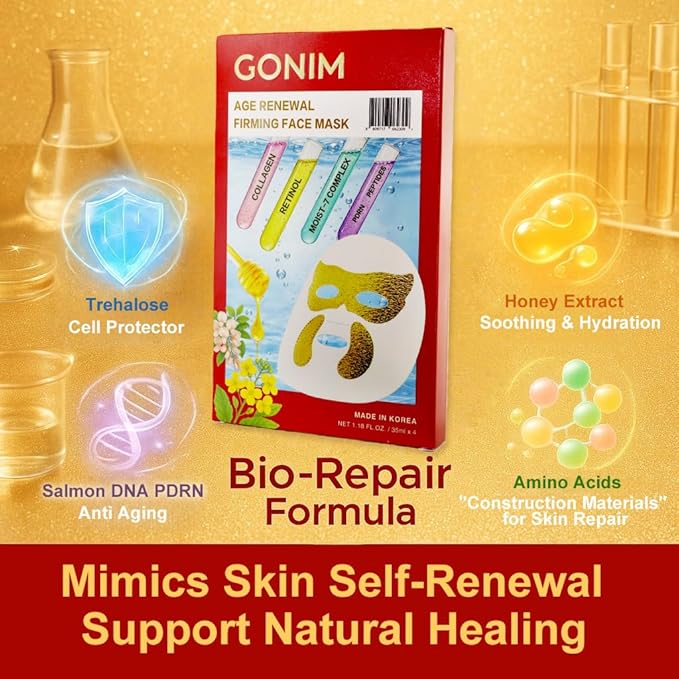 GONIM Korean Face Mask with Integrated Eye Patches with PDRN, Retinol & Caffeine, Collagen Face Mask, Hydrating Face Masks, Hyaluronic Acid Serum Sheet Mask Korean Skin Care Anti Aging 35ml/1.18oz x 8