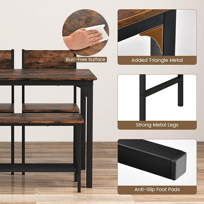 COSTWAY Dining Table Set for 4, Rectangular Kitchen Table Set with Bench and 2 Chairs, Storage Rack & Metal Frame, 4-Piece Dining Room Table and Chairs Set for Small Space, Apartment (Coffee)