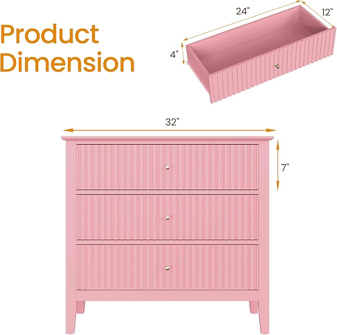 RoyalCraft 32" Large Nightstand Set of 2, Fluted Painted Bedside Table with 3 Spacious Drawers, Modern Tall End Table for Bedroom, Pink