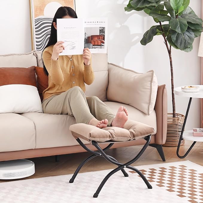 LITA Folding Upholstered Footrest Stool, Modern Small Portable Accent Ottoman with Detachable Thick Cotton Cushion Padded Sofa Stool with Metal Frame for Lazy Chair, Living Room & Bedroom, Khaki