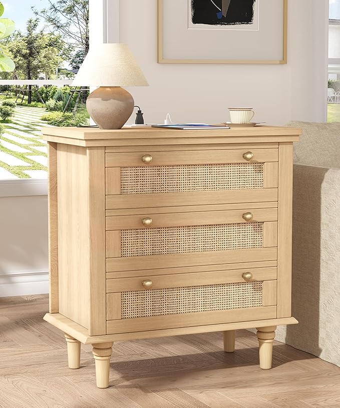 Keehusux Night Stand with 3 Large Storage Drawers, 26.8" H Rattan Nightstand with Charging Station, Boho Bedside Table with Round Handles, Wooden End Table for Bedroom, Natural Oak KES008MECTG
