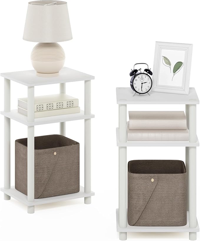 Furinno JUST Night Stand Set of 2, 3-Tier Turn-N-Tube Nightstand, Toolless Bedside Tables, End Table, Side Table with Open Storage for Bedroom, Closet, Dorm, Bathroom, White