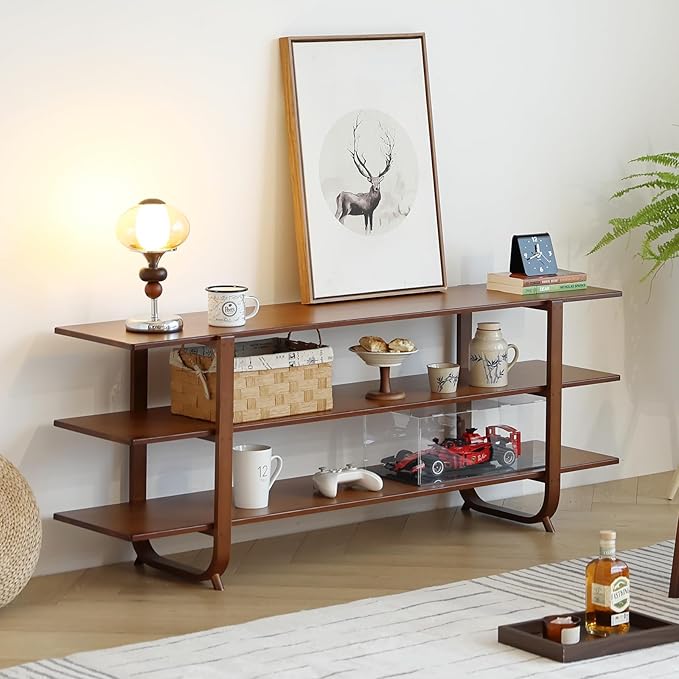 Tiita Wooden TV Stand for 65 Inch TV, Modern Media Console Table with 3-Tier Storage Shelves, Long Entertainment Center for Living Room, Walnut TV Stand with Open Display Rack