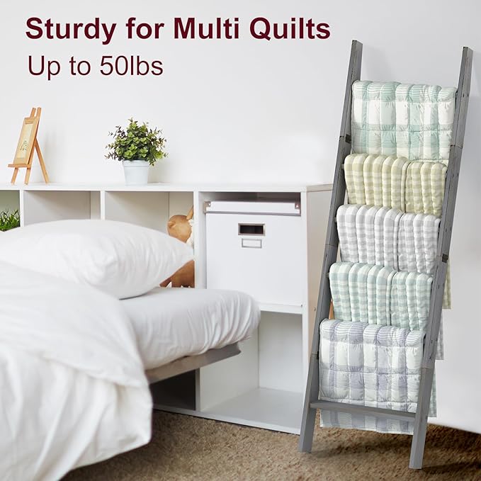 Honest Blanket Ladders for The Living Room, 6-Tier Blanket Holder, Wall-Leaning Blanket Rack, Ladder Shelves, Wooden Quilt Ladder, Farmhouse Decor, Grey