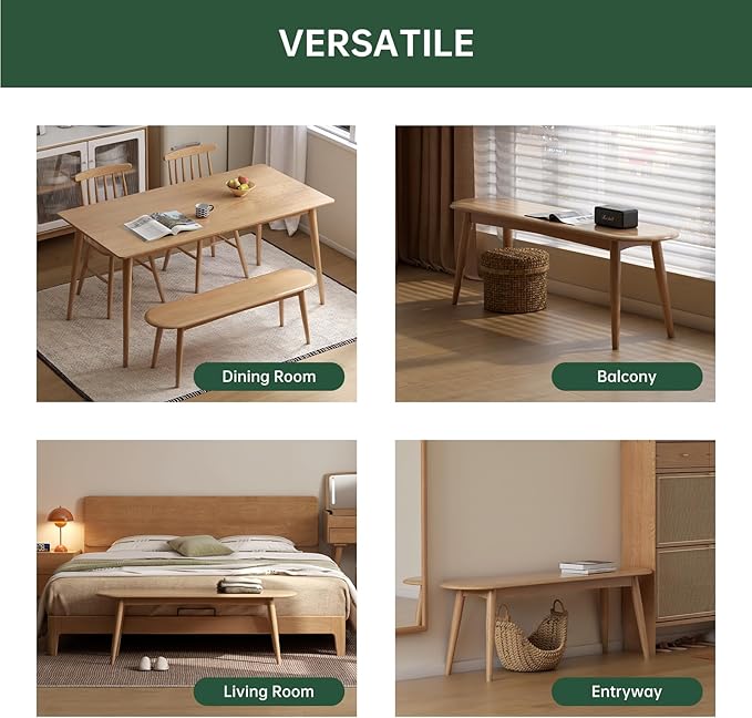 100% Solid Oak Wood Dining Bench, 39.5'' Entryway Bench Ottoman End of Bed Benches with Rounding Corner Design for Kitchen Dining Room Living Room Bedroom, Natural