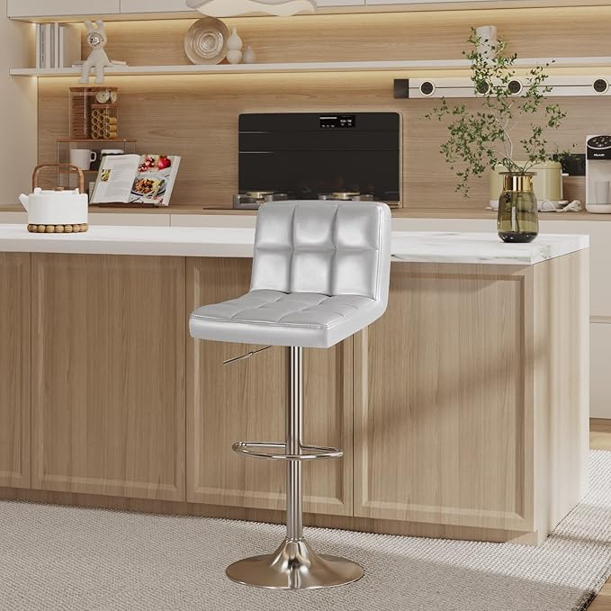 Furmax Bar Stools Modern Pu Leather Swivel Adjustable Hydraulic Bar Stool Square Counter Height Stool Set of 2 (Sliver)