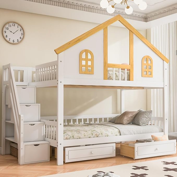 Full Over Full Bunk Bed with Drawers and Storage Stairs, House Castle Bed with Roof and Windows, Bookshelf, Space Saving for Kids, Boys, Girls, Adults, White