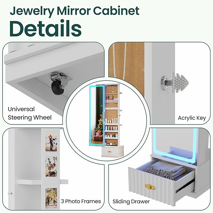 HNEBC LED Jewelry Cabinet Standing, Full Length Mirror with Storage/3 Color Adjustable LIghts, Jewelry Armoire has 3 Photo Frames/4 Shelfs/1 Drawer,Space-Saving Organizer,Gifts for Women