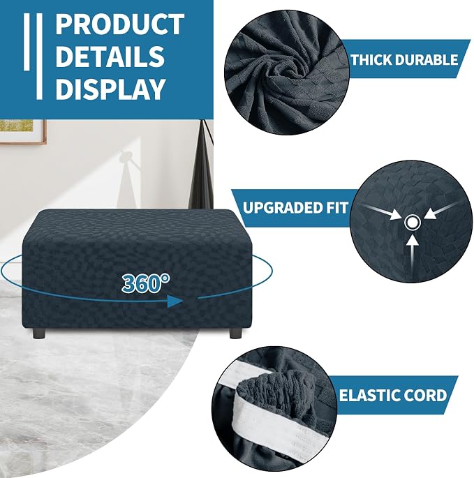 ZNSAYOTX 2026 Rectangle Ottoman Cover (L:28"-34") Super Stretch Soft Footrest Slipcover Form Fit, Universal Folding Foot Stool Covers with Non-Slip Elastic Band, Fashion Jacquard Texture, Dark Grey