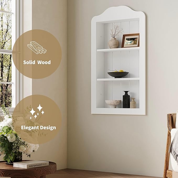 CJL 14'' x 24'' Victorian Recessed Medicine Cabinet, Solid Wood in-Wall Bathroom Cabinet, Wall Niche Shelf, 3-Tier, No MDF, White
