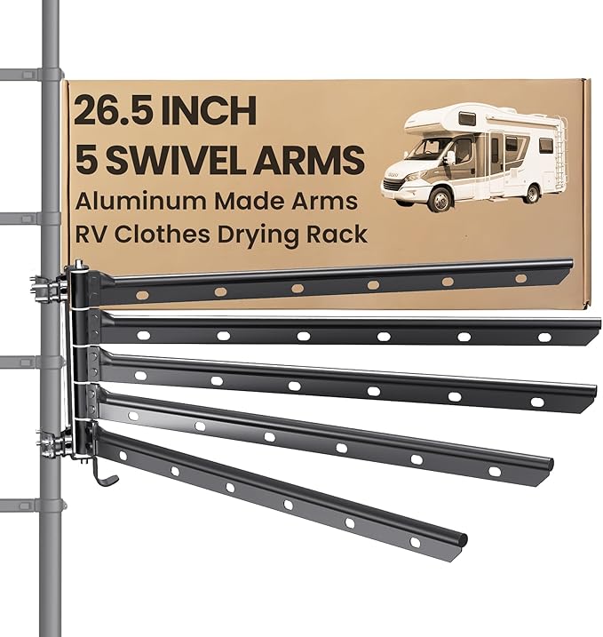 5 Swivel Arms RV Clothes Drying Rack, 26.5-inch Width Ladder Mounted Clothes Drying Rack, All Metal, Foldable Design, RV Must Have for MotorHomes, Fifth Wheels, Trailers | All Metal 5 Swivel Arms