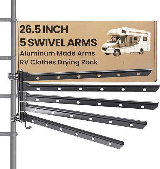 5 Swivel Arms RV Clothes Drying Rack, 26.5-inch Width Ladder Mounted Clothes Drying Rack, All Metal, Foldable Design, RV Must Have for MotorHomes, Fifth Wheels, Trailers | All Metal 5 Swivel Arms