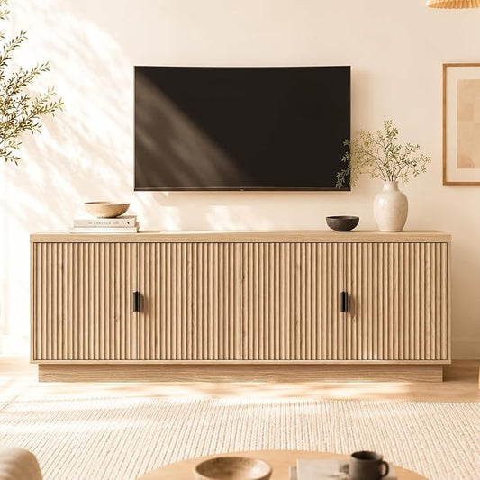 Fatmok Fluted TV Stand for up to 75" TVs, 68" Entertainment Center with 4 Doors, Modern Media Console with Adjustable Shelves & Storage Cabinets, Natural Oak