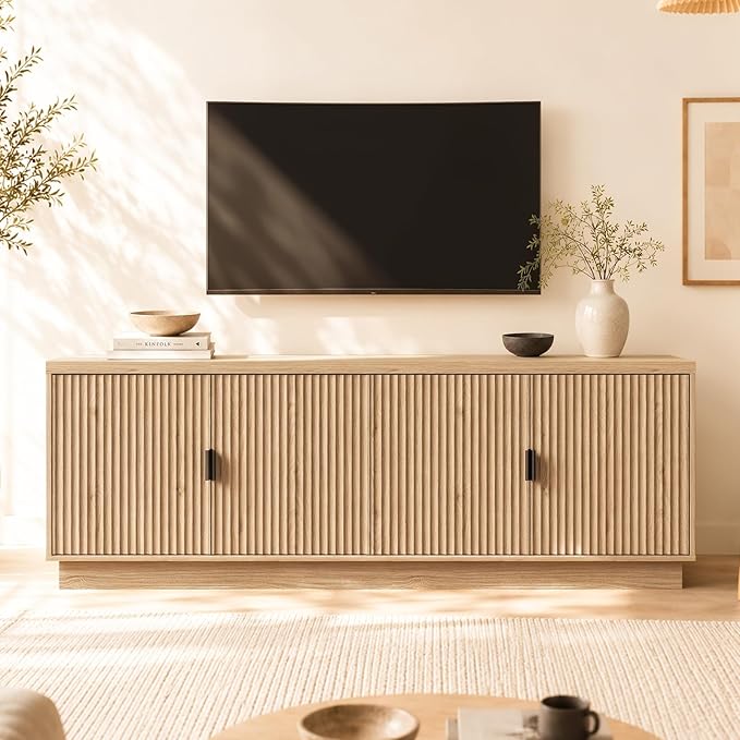 Fatmok 68" TV Stand for 75 Inch TV, Modern Entertainment Centers with Adjustable Shelves, Wooden Media Consoles with 4 Fluted Doors for Living Room, Natural Oak, Set of 2