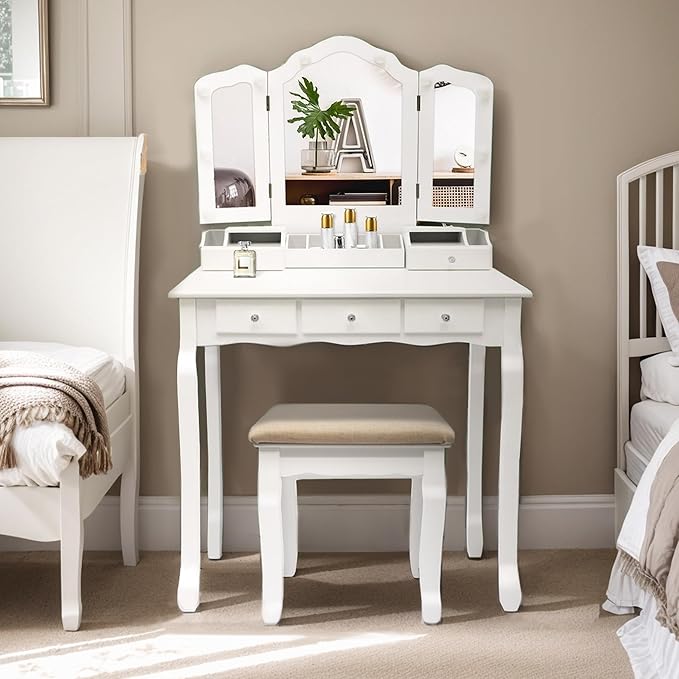 NEDYO Vanity Table, Vintage Vanity Desk with Mirror and Lights, Tri-Fold Mirror Small Makeup Vanity with Chair, Vanity Set for Bedroom and Small Spaces. White