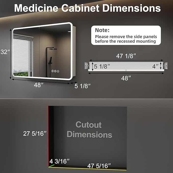 Medicine Cabinet with LED Lights and Mirror, 48 x 32 Inch Surface or Recessed Mounted Bathroom Cabinets with Door, Defogger, Memory Function, 3-Color Mode, Outlet&USB, Dimmer, Storage
