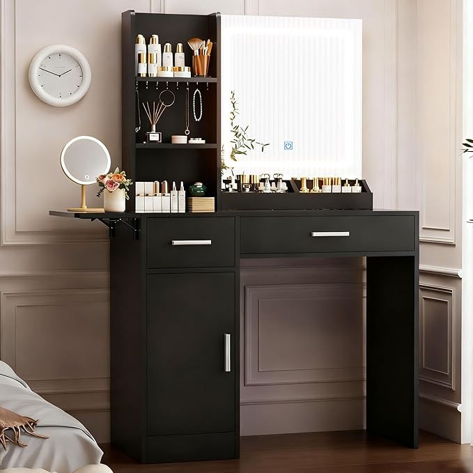 ERLEJIA Vanity Desk with Mirror and Lights, 39.37" 4 Drawers Makeup Desk Without Stool, Extra Foldable Desk with 3 Open Shelves Make Up Table for Girls and Ladies Bedroom, Black