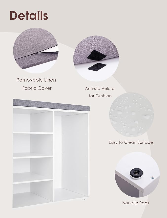 DINZI LVJ Shoe Storage Bench with Cushion, 16-Cubby Shoe Rack, Adjustable Shelves, Multifunctional Shoe Organizer Bench for Entryway, Mudroom, Hallway, Living Room, Bedroom and Garage, White