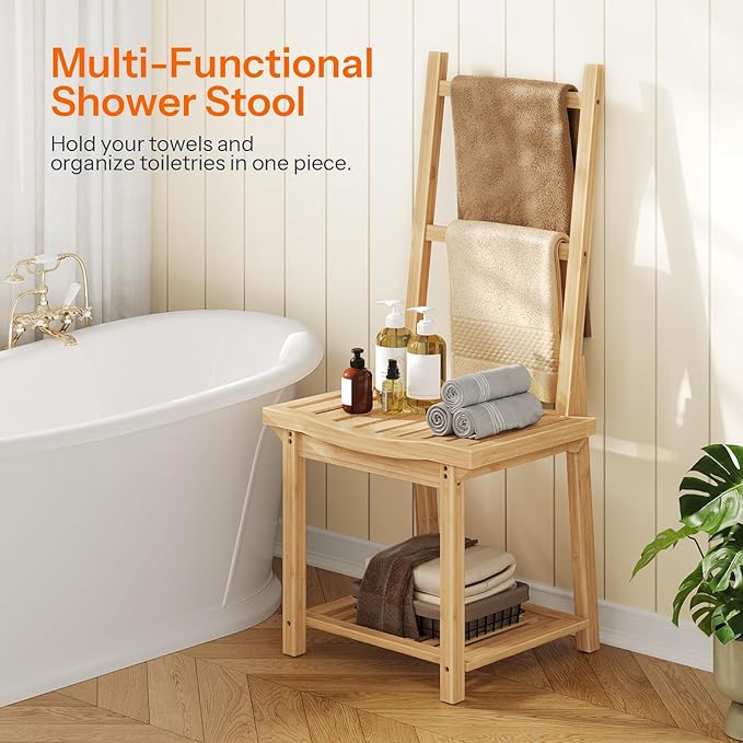 HOOBRO Freestanding Towel Rack for Bathroom, Bamboo Blanket Rack, Quilt Display Stand with Storage Shelf, Towel Rack for Living Room, Bedroom, Decorative Display Ladder Shelf, Natural YL101CJ01