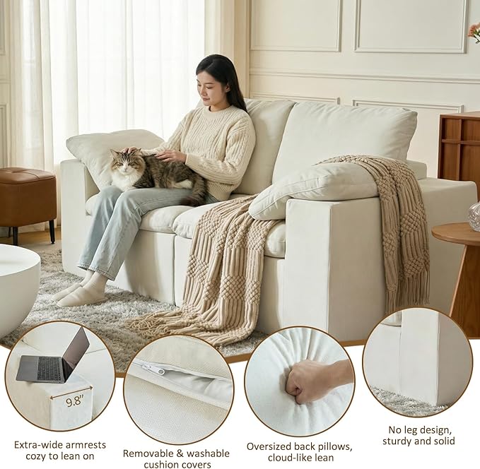 ANONER 78" Loveseat Sofa, Deep Seats, Cloud Sectional Couches for Living Room, 2 Seater Boneless Couch, Modern Modular Loveseats, No Assembly, Beige