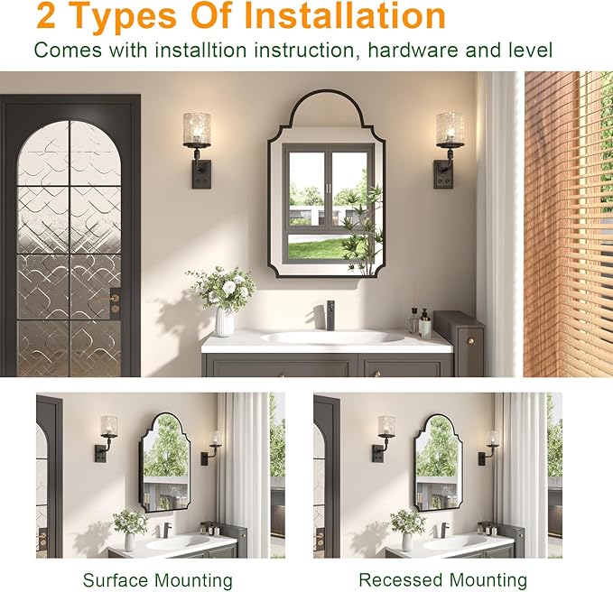 Black Decorative Medicine Cabinet Mirror, 20"x32" Recessed or Surface Mount Metal Irregular Medicine Cabinet for Bathroom, Elegant Curved Aesthetics Mirror with Storage, 2 Stable & Removable Shelves