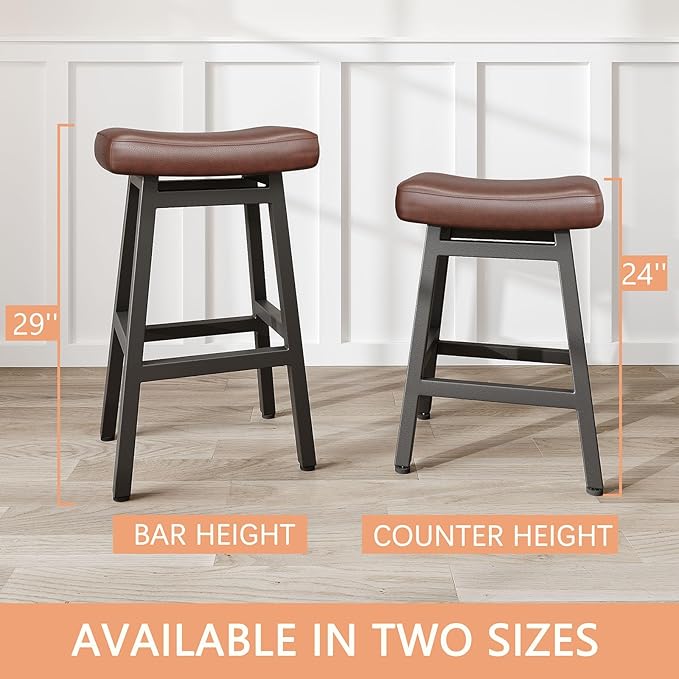 Raynesys 29 Inches Bar Stools Set of 2, Bar Height Barstools for Home Counter, Blackless Barstool with Bonded Leather Saddle Seats & Heavy Duty Metal Legs, Easy Assembly, Brown/Black