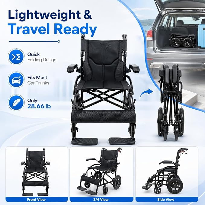 IDEALHOUSE Lightweight Foldable Transport Wheelchair for Adults, with Flip Back Armrests, Swing Away Footrests, 6” PVC Front & 12” PU Rear Wheels, Aluminum Frame, Ideal for Travel