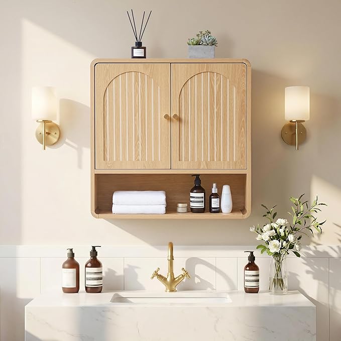Wall Storage Cabinet with Adjustable Shelf, Over the Toilet Storage Cabinet for Bathroom, Light Wood Color Medicine Cabinet Organizers for Bathroom, Laundry Room, Kitchen (Natural)
