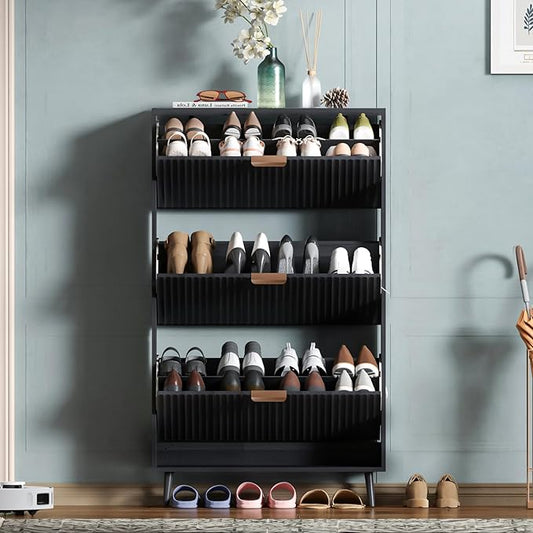 Shoe Cabinet Storage,Modern Freestanding Organizer with 3 Flip Drawers,Narrow Shoe Rack Cabinet for Entryway,Black