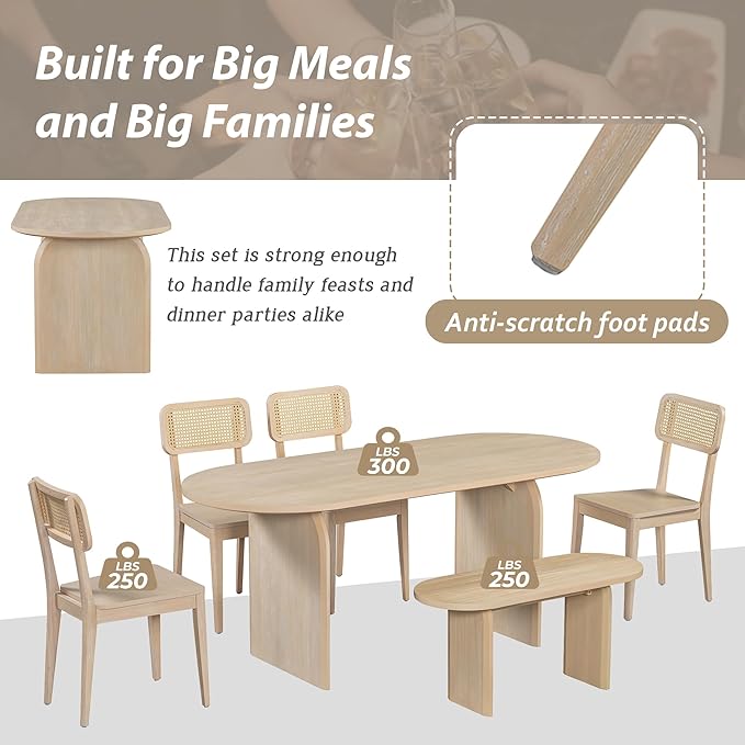Merax 6 Pieces Modern Dining Set for 6, 71" Oval Rubberwood Dining Table with Bench and 4 Rattan Backrest Chairs for Dining Room, Living Room, Kitchen, Natural