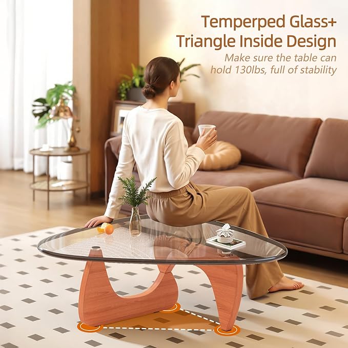 Coffee Table for Living Room Mid Century Modern Center Small Table with Glass Top and Wood, Walnut Transparent(32 Inch)