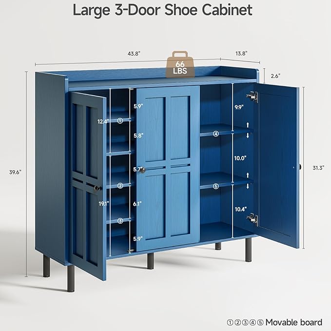 ONBRILL Shoe Cabinet with 3 Doors and Adjustable Shelves, 30 Pairs Shoe Storage Cabinet, 40 Inch Tall Farmhouse Shoe Rack Shoe Organizer Cabinet for Entryway Living Room Closet, Blue