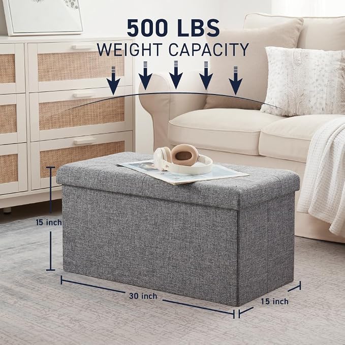 Ornavo Home Folding Storage Ottoman, 30 Inch Large Storage Bench with Lid, Foot Rest Stool for Bedroom, Living Room, Entryway, Tufted Linen Upholstered - Gray