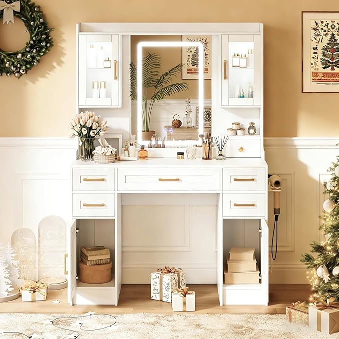 KAMABOKO White Vanity Desk with Mirror and Lights, Makeup Vanity with 2 Clear Glass Display Cabinets and 2 Large Drawers, 3 Lighting Color Adjustable, Girls Dressing Table for Bedroom