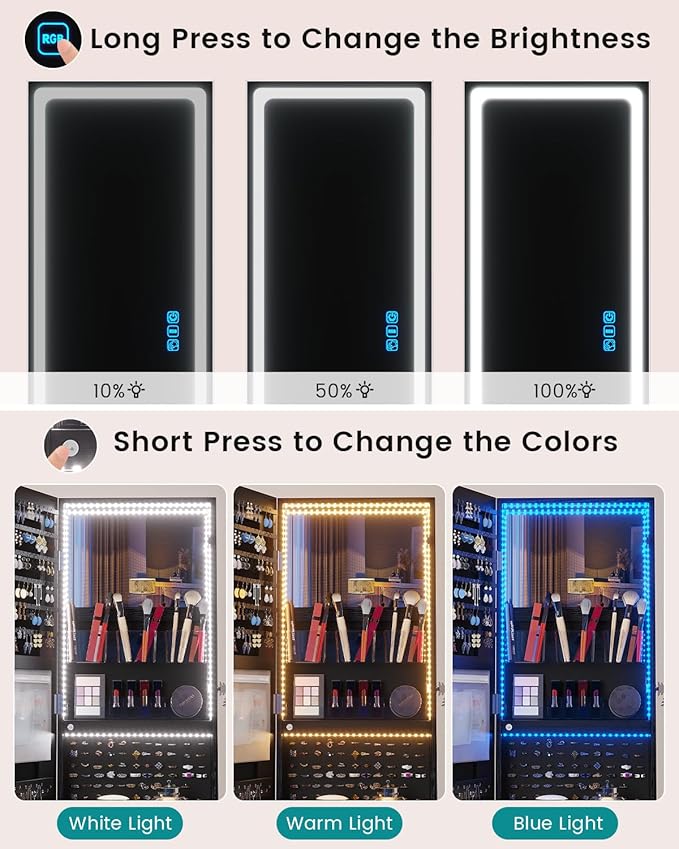 Vlsrka LED Mirror Jewelry Cabinet with Lights, Lockable Full Length Mirror with Storage, Standing Jewelry Armoire Organizer with Touch Screen&RGB Modes for Small Bedroom Spaces, Gift for Women, Black