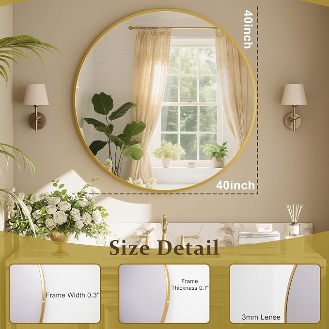 XRAMFY 42 Inch Round Gold Metal Wall Mirror - Stylish Circle Mirror for Entryway, Bathroom, and Living Room Decor | Matte Gold Circle Wall Mirror