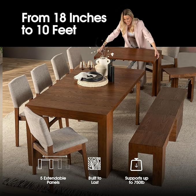 Transformer Table - Solid Wood Extendable Dining Table, Seats 2-12, Expandable Dining Room Table, Space-Saving Furniture, Kitchen and Dining Room Furniture (Brown, Table + Bench)