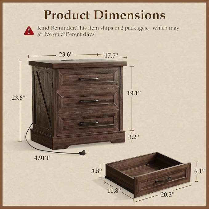 AODK Farmhouse Nightstands Set of 2, 24 Inch Bedside Tables with Charging Station, End Tables with Three Drawers, Bed Side Tables with Outlet and USB for Bedroom & Living Room, Dark Walnut