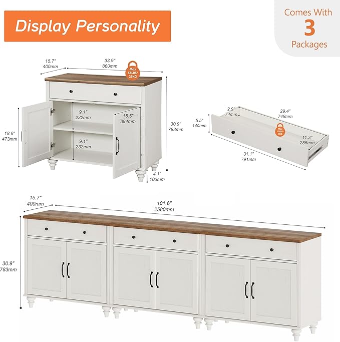 WAMAPT Buffet Cabinet with 6 Doors and 3 Drawers, Large Coffee Bar Table Wood Kitchen Storage Cabinets, Modern Farmhouse Sideboard Credenza for Dining Room, White, 101 inch