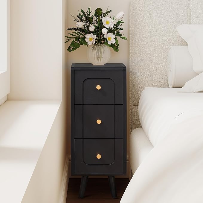 Narrow Nightstands with 3 Drawers, Wooden Farmhouse Bedside Tables, Slim End Tables with Storage, Small Night Stand for Bedroom, Living Room, Small Spaces