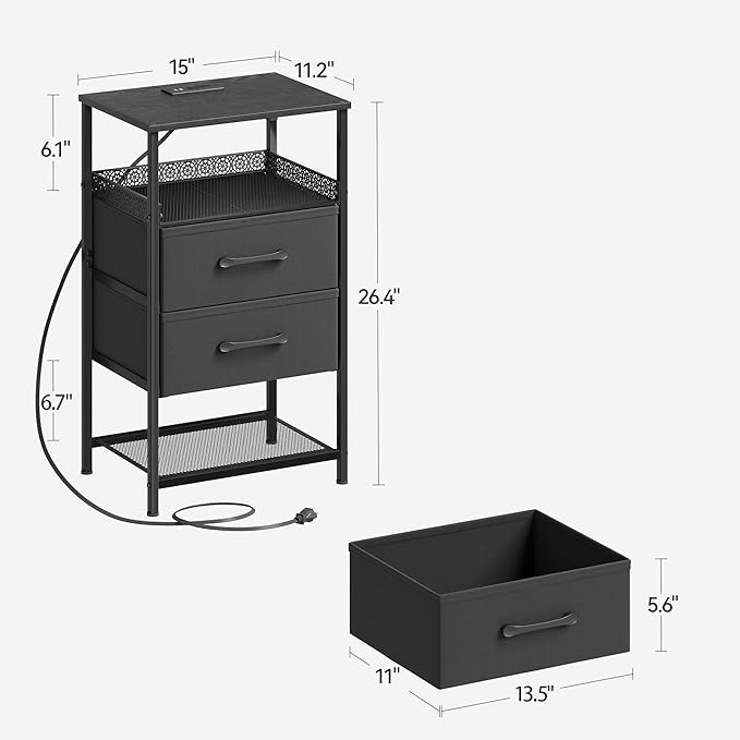 JARHETUN Nightstand Set of 2, Night Stands with Charging Station, 26.4 Inch Tall Bedside Table with Metal Shelf, Side Table with 2 Fabirc Drawers for Bedroom, Black