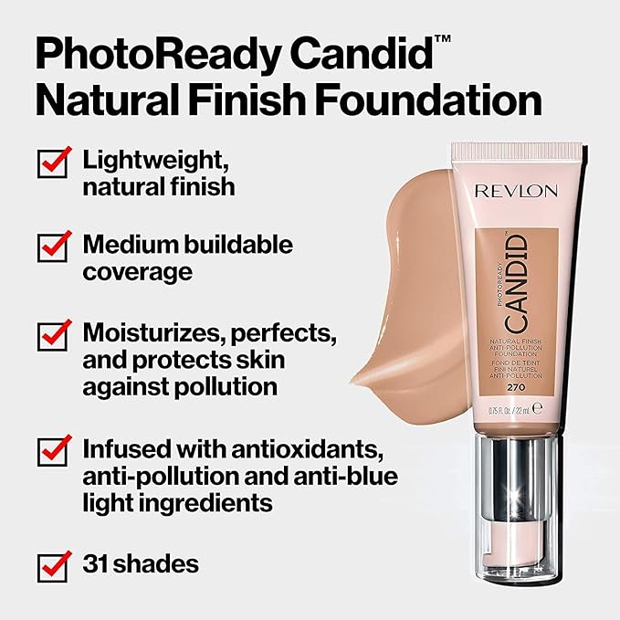 レブロン フォトレディ キャンディッド ナチュラル フィニッシュ ファンデーション、アンチポリューション、抗酸化物質、ブルーライトカット成分配合、110 ポーセリン、22ml
