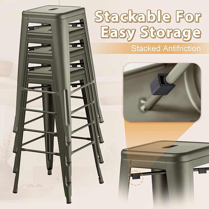 Furmax 30 Inch Metal Bar Stools Set of 4, Counter Height Stools, Industrial Bar Chairs Patio Stool Stackable Stool for Kitchen/Dining Room/Indoor Outdoor(Gun, 30'' Backless)