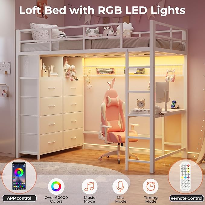 BTHFST Twin Loft Bed with Desk & 8 Storage Drawers Tall Dresser, White Metal Loft Bed with LED Lights & Charging Station, 2-Tier Storage Shelves, Stable & Sturdy, Noise Free, White