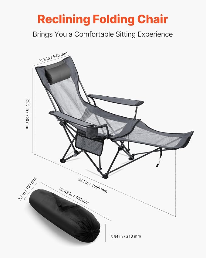 VEVOR 2-in-1 Reclining Camping Chair with Footrest for Adults, 4 Adjustable Positions, Portable Folding Lounger, Lightweight Mesh Beach Chair Supports 220lbs, Heavy Duty Camp Chairs Outdoor, Gray
