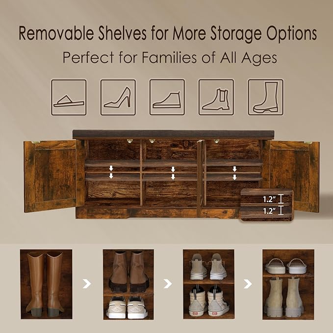 DINZI LVJ Shoe Bench, Entryway Storage Bench with Doors, Cushion, 2-Tier Shoe Rack with 6-Cubby, 39.4”L x 13.8”W Shoe Organizer Cabinet, Adjustable Shelf, Living Room, Bedroom, Rustic Brown