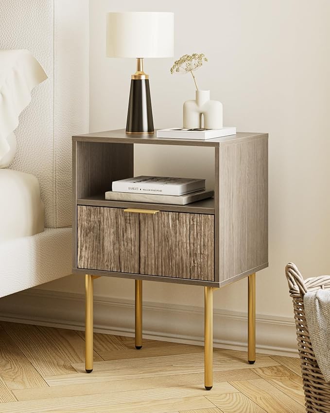 Aienvey Night Stand, Modern Nightstand with Drawers, Bedside Table, Gold Small Side Table for Bedroom, Living Room End Table (Grey Stripe, 1 Drawer)