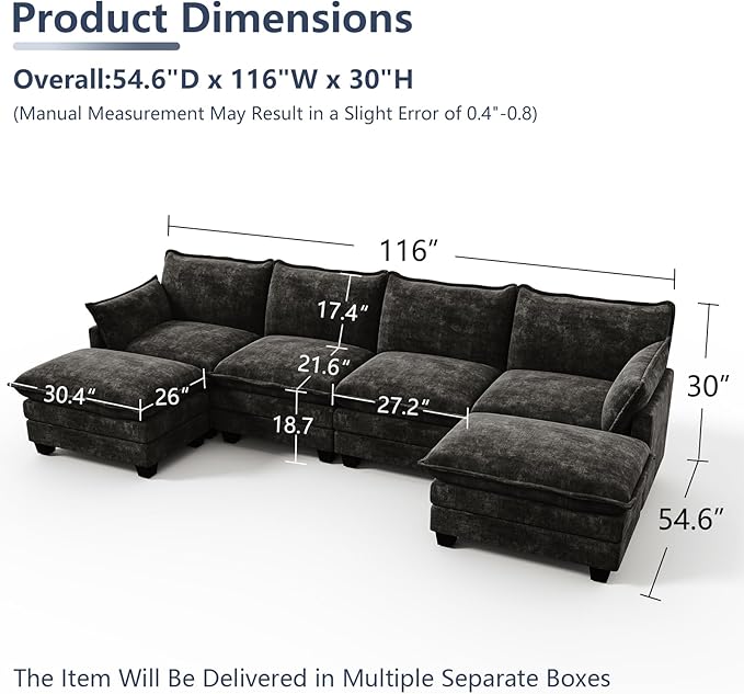 U Shaped Modular Sectional Sofa, Cloud Couch with Movable Ottoman, Comfy Chenille Sofa with Pillows for Living Room, Bedroom, Apartment, Black