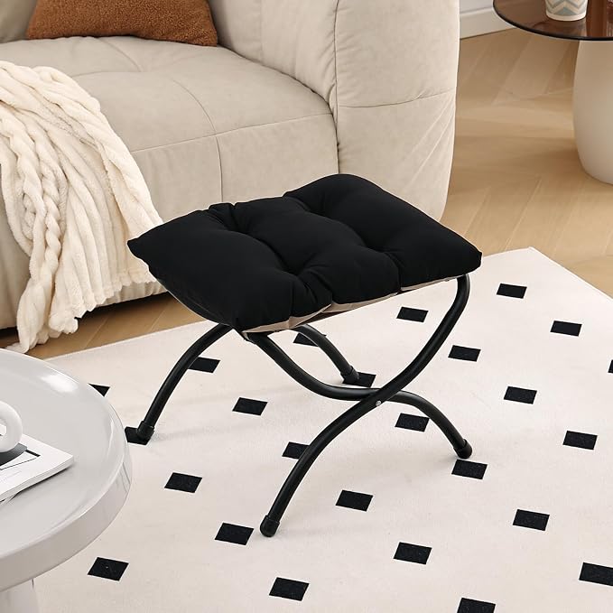LITA Folding Upholstered Footrest Stool, Modern Small Portable Accent Ottoman with Detachable Thick Cotton Cushion Padded Sofa Stool with Metal Frame for Lazy Chair, Living Room & Bedroom, Black