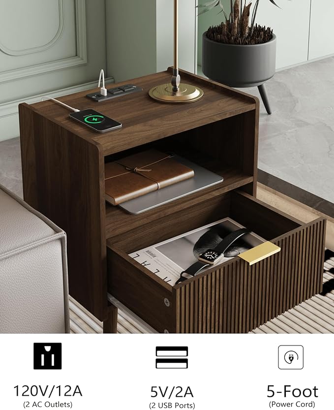 Veegle Nightstand,Modern Bedside Table with Storage Drawer and Open Wood Shelf, Accent Night Stand with Solid Wood Legs for Living Room, Bedroom and Small Spaces,Easy Assembly (Walnut Brown-Outlet)